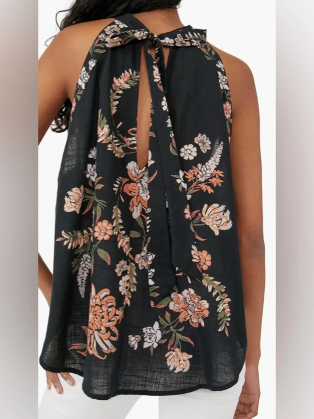 Free People Black Floral Halter Swing Cami with Peach and Cream Flowers: Large